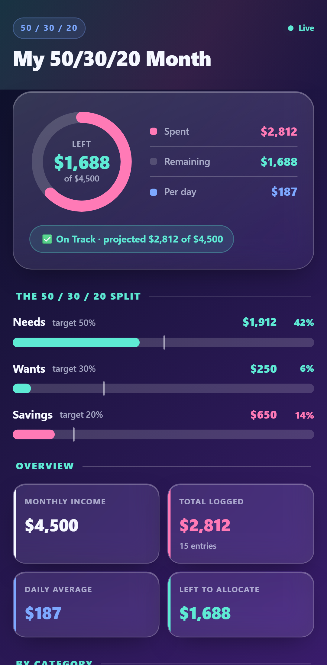 50/30/20 Spend Tracker — Glass theme